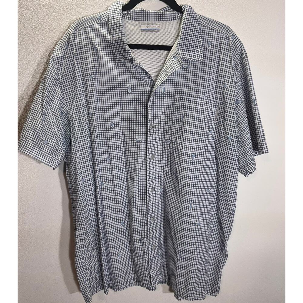 Columbia PFG Fishing Shirt XL Blue Check Fish Print Vented Button Front